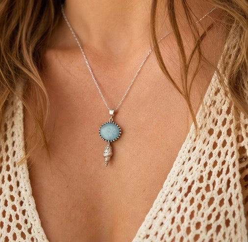 Natural Aquamarine Pendant Necklace in Sterling Silver with Shell Accent – 16"