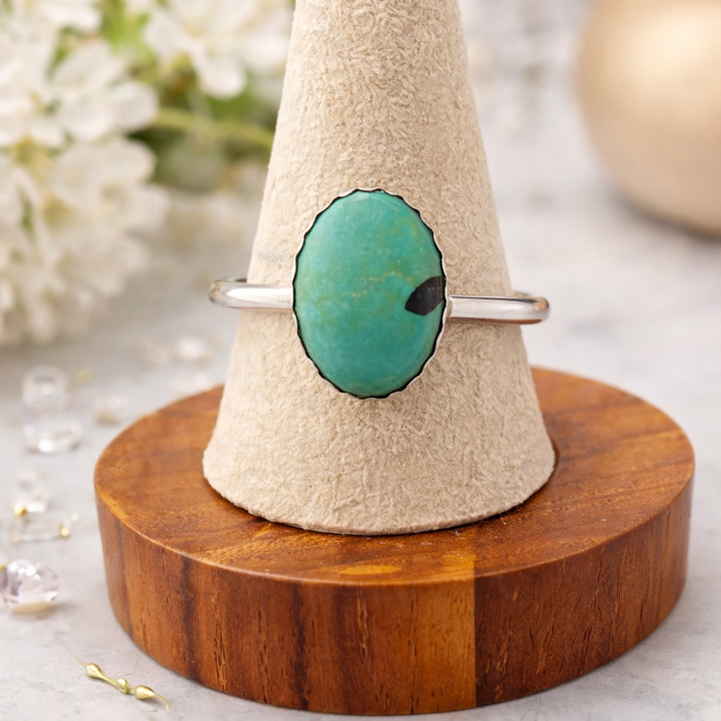Hubei Turquoise Ring Sterling Silver Handmade Size 8 Oval Bezel Blue Green Turquoise Ring Artisan Southwestern Gift for Her