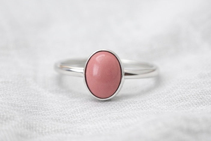 Australian Pink Opal Ring – Handcrafted Sterling Silver – Natural Pink Opal Oval Cabochon – Size 6.25 Minimalist Gemstone Ring