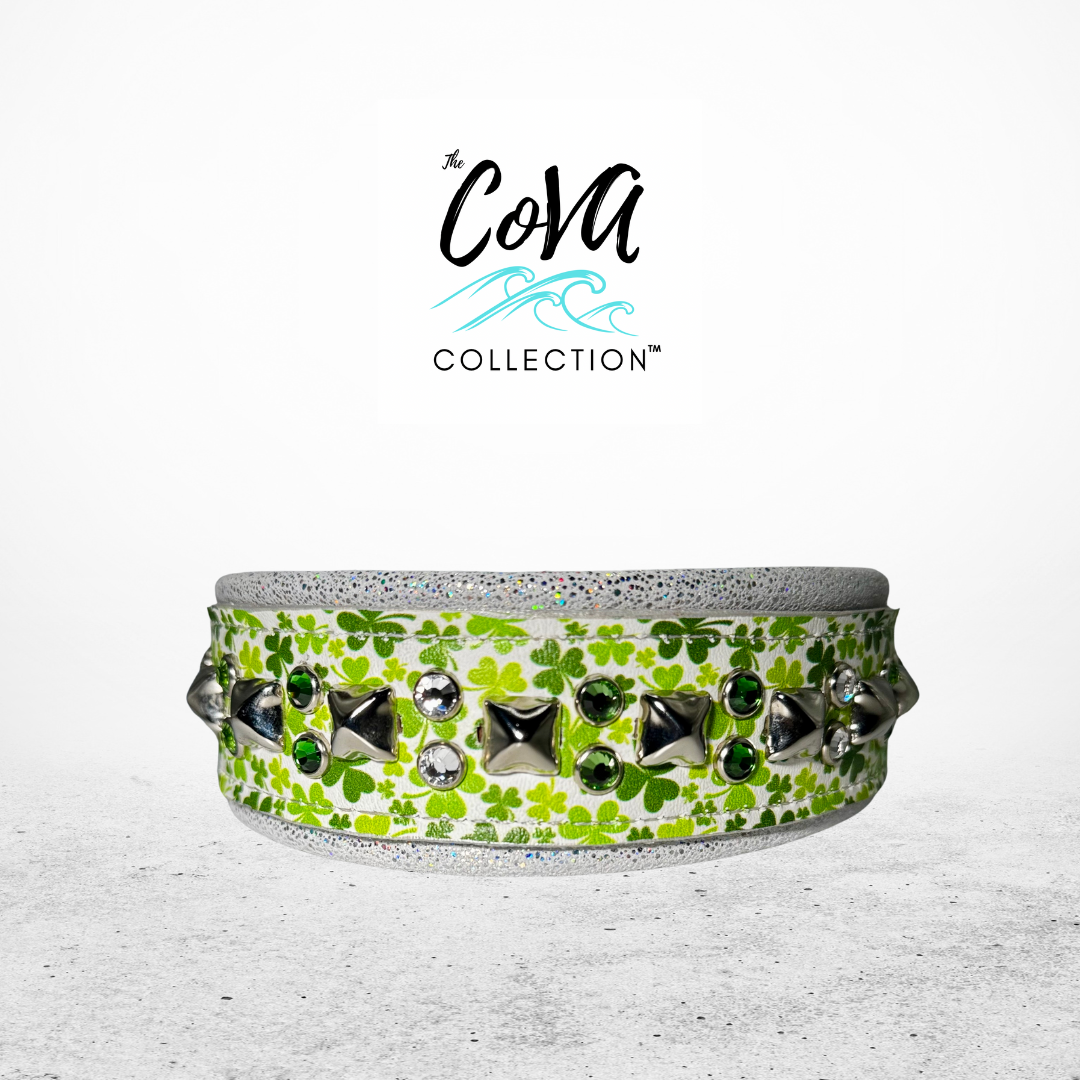 17-19"; 2" Wide Leather Shamrock St. Patrick's Patty's Day Dog Collar Bling Crystals