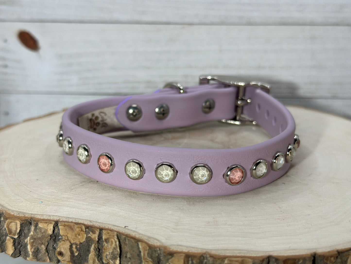 READY TO SHIP!!! 11" - 13" & .75" wide Pastel Lilac Lavender Purple White Pink Vegan Leather Biothane Crystal Luxury Dog Collar