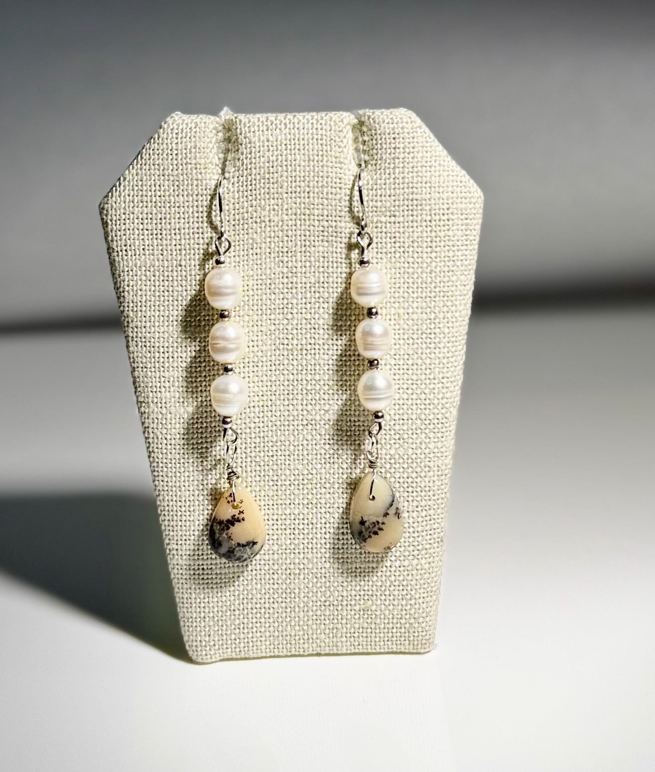 Sterling Natural Pearl & Dendritic Opal Earrings