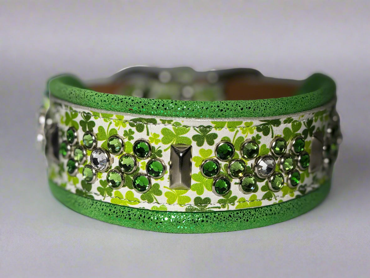 16.5-18.5"; 2" Wide Leather Shamrock St. Patrick's Patty's Day Dog Collar Bling Crystals