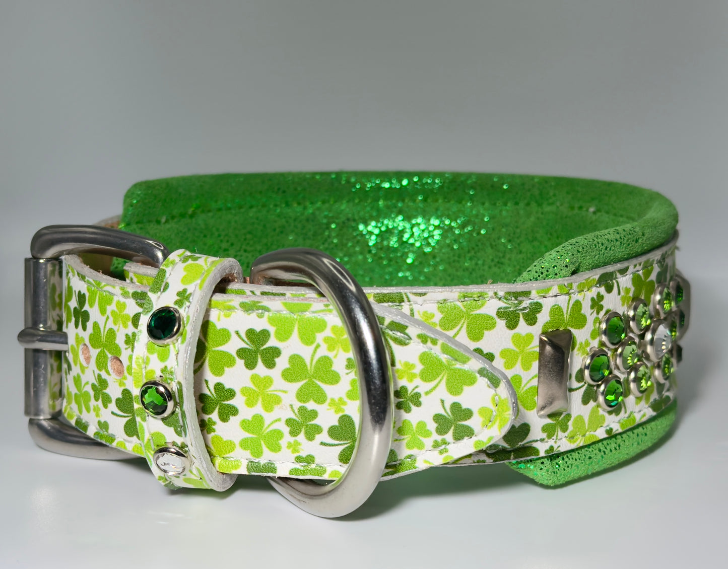 16.5-18.5"; 2" Wide Leather Shamrock St. Patrick's Patty's Day Dog Collar Bling Crystals