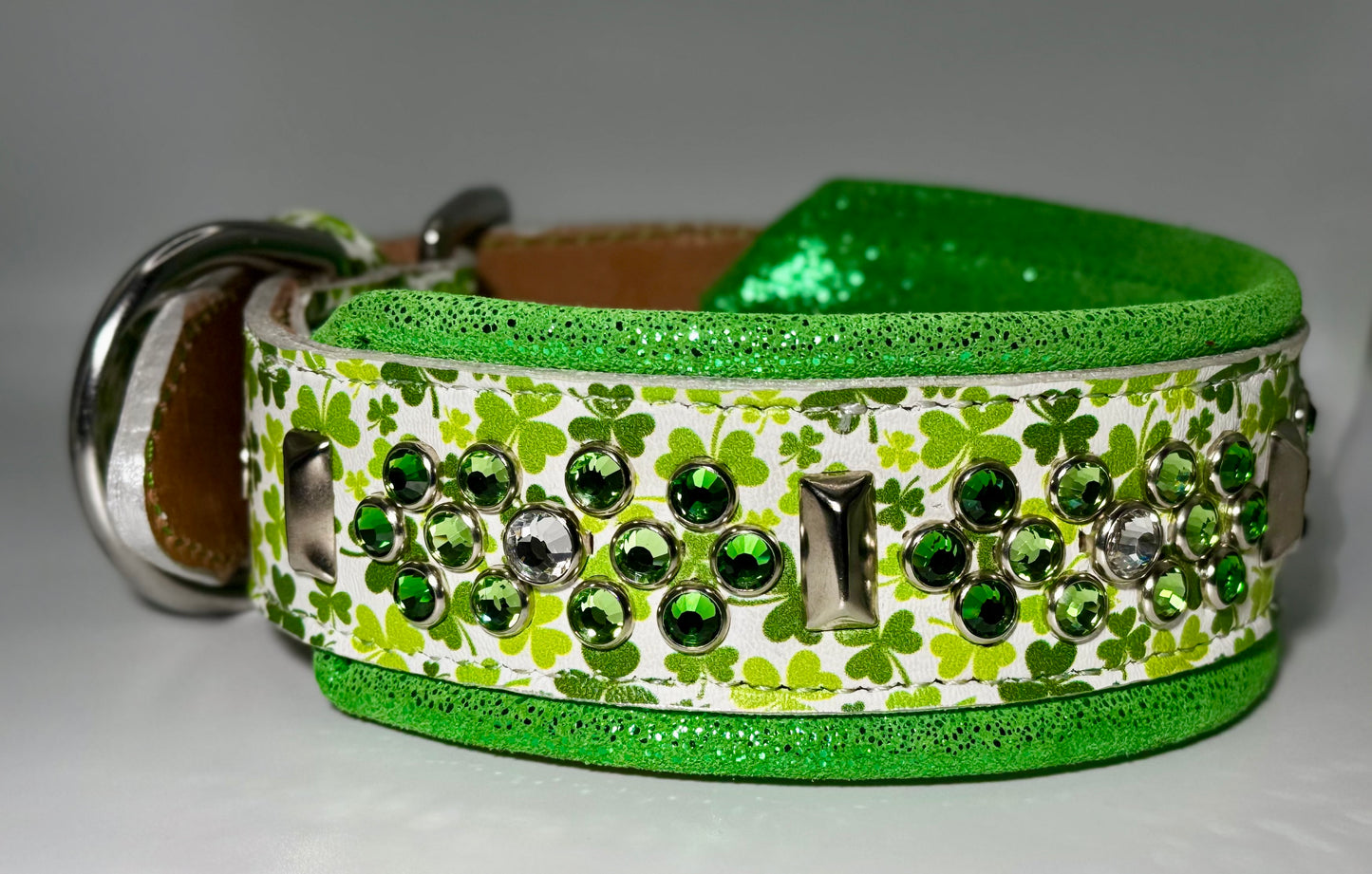 16.5-18.5"; 2" Wide Leather Shamrock St. Patrick's Patty's Day Dog Collar Bling Crystals