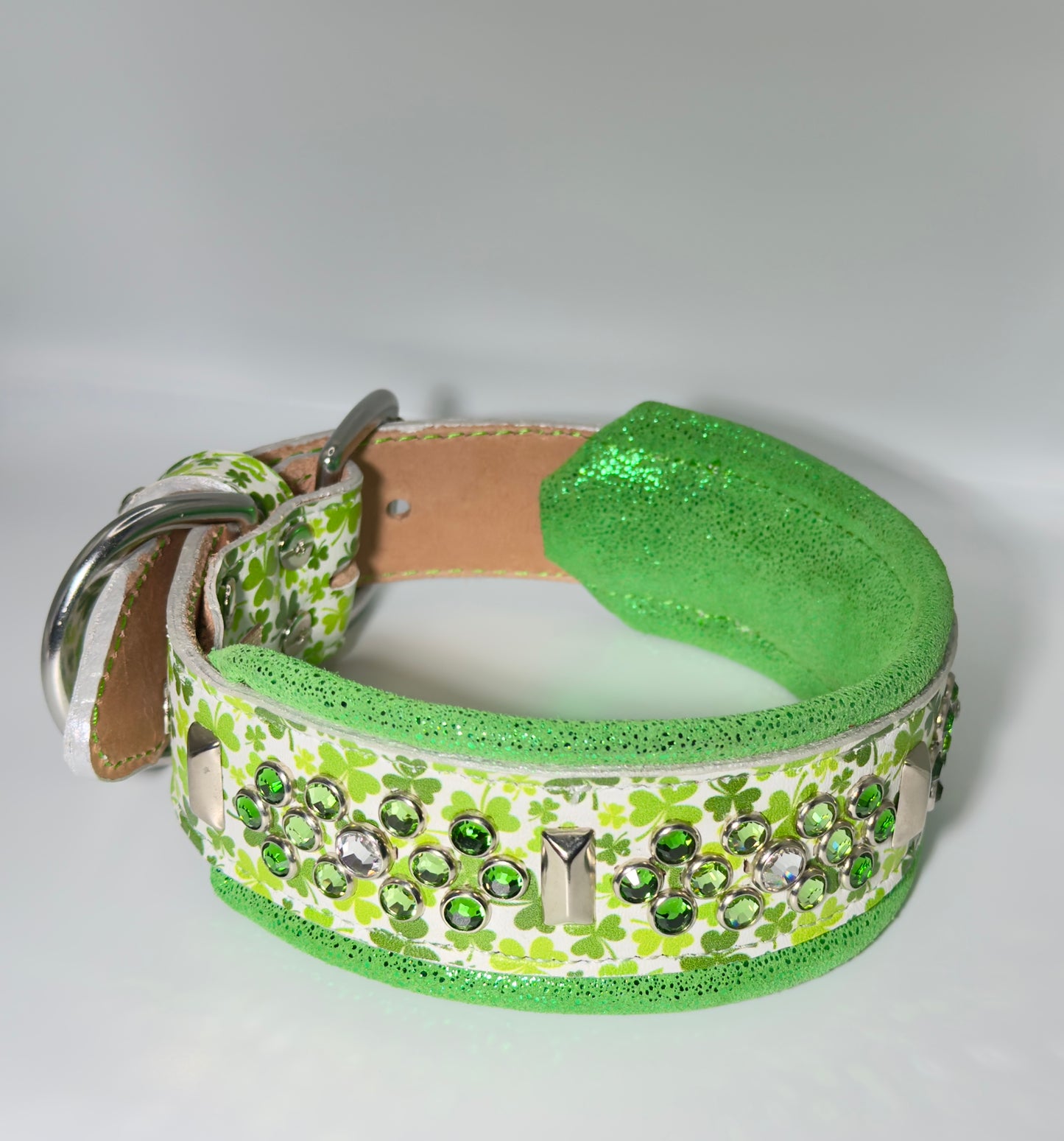 16.5-18.5"; 2" Wide Leather Shamrock St. Patrick's Patty's Day Dog Collar Bling Crystals