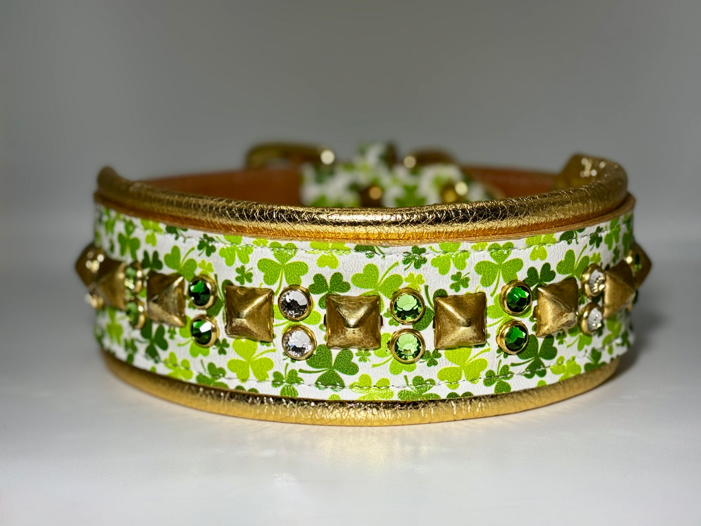 16.5-18.5"; 2" Wide Leather Shamrock St. Patrick's Patty's Day Dog Collar Bling Crystals