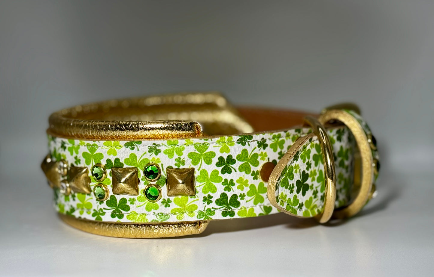 16.5-18.5"; 2" Wide Leather Shamrock St. Patrick's Patty's Day Dog Collar Bling Crystals