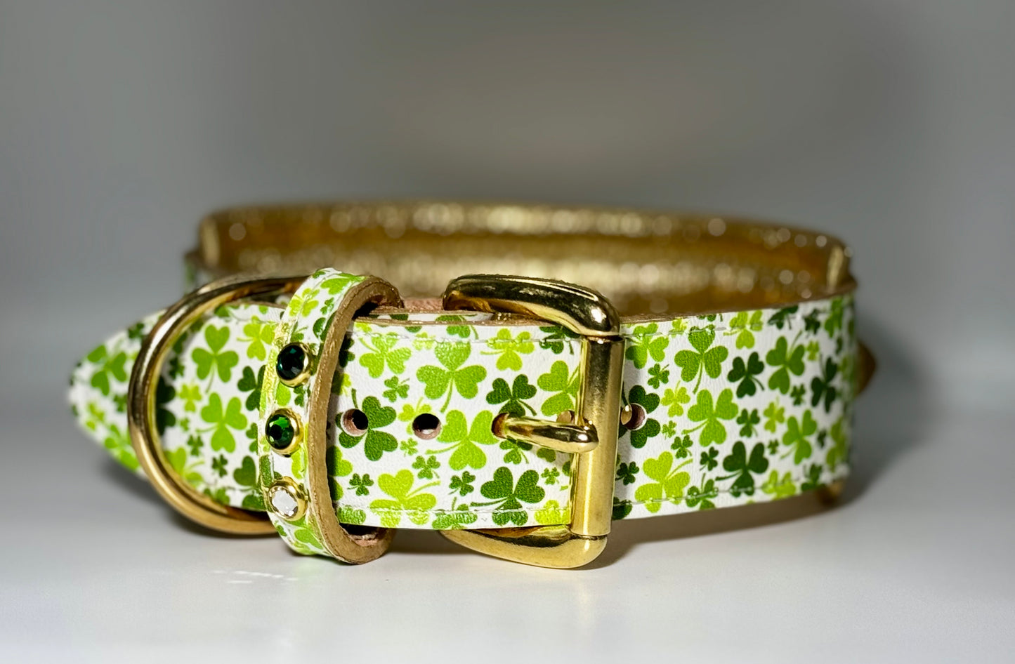 16.5-18.5"; 2" Wide Leather Shamrock St. Patrick's Patty's Day Dog Collar Bling Crystals