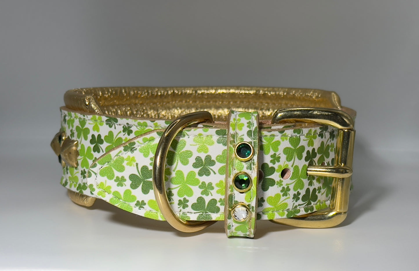 16.5-18.5"; 2" Wide Leather Shamrock St. Patrick's Patty's Day Dog Collar Bling Crystals