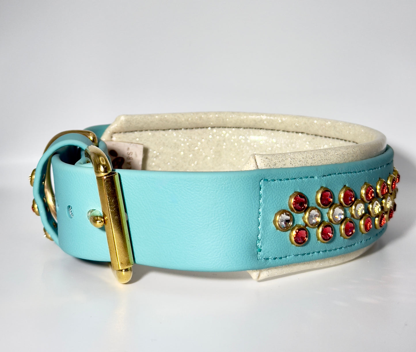 Luxury Dusty Turquoise BioThane Dog Collar | 2” Padded | Padparadscha & Crystal | Solid Brass Hardware | 18–20”