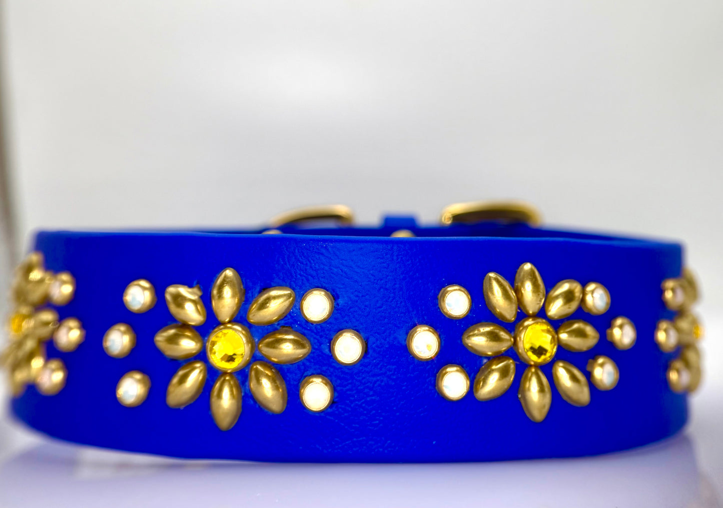 Royal Blue Luxury Dog Collar 17.5–19.5” | 1.5” Wide Waterproof Biothane | Solid Brass & Crystal Floral Studded