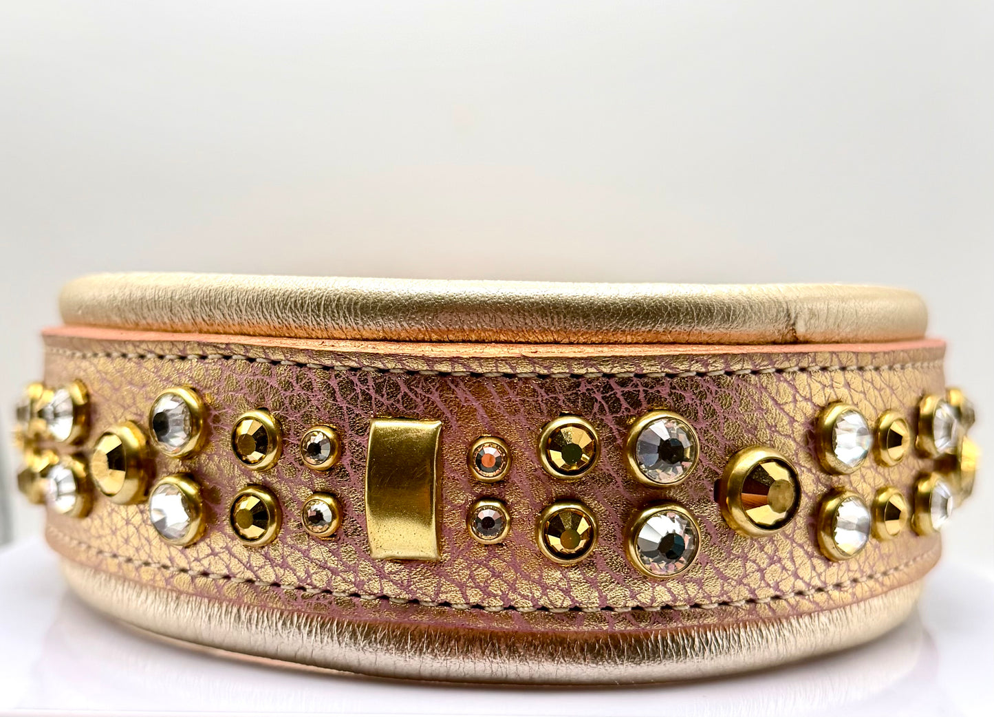Luxury Rose Gold Leather Dog Collar | Solid Brass Hardware | Genuine Crystal & Crystal Aurum | 2” Wide Padded Statement Collar | 21–23”