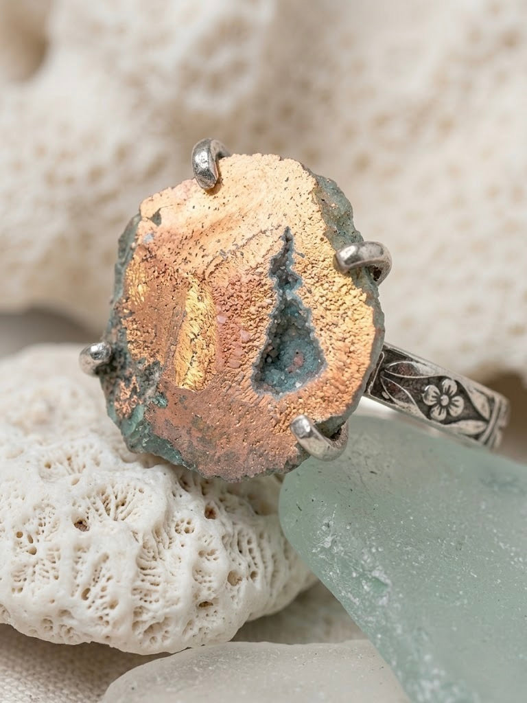 OOAK Aura Angel Quartz Geode Ring Size 8.5 Sterling Silver Druzy Crystal Statement Ring