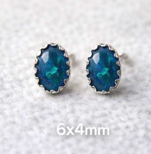 Australian Boulder Opal Doublet Stud Earrings 6x4mm Oval – Sterling Silver Serrated Bezel, Natural Opal Studs