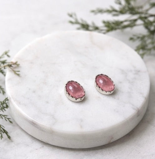 Natural Pink Tourmaline Stud Earrings 6x4mm Oval – Sterling Silver Serrated Bezel, Handmade Gemstone Studs
