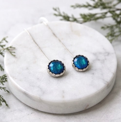 Dichroic Glass Stud Earrings 11mm Round – Sterling Silver Scalloped Bezel, Black Blue Teal Iridescent Statement Studs