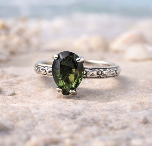 OOAK Moldavite Ring Size 4 Sterling Silver Faceted Pear 9x7mm Green Moldavite Statement Ring Floral Engraved Band