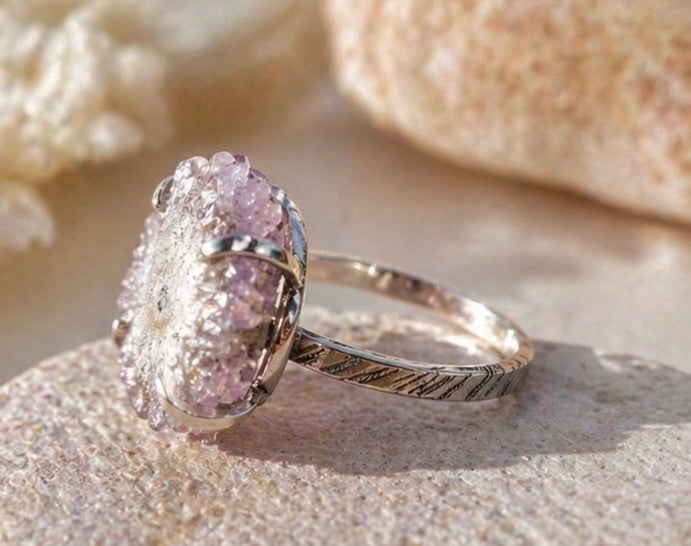 OOAK Amethyst Stalactite Ring Size 8 Sterling Silver Natural Druzy Crystal Statement Ring