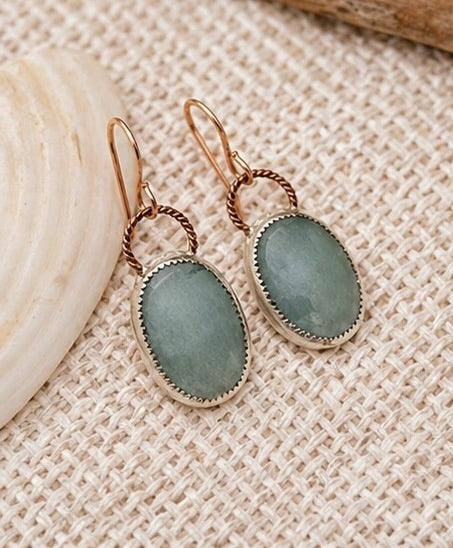 Natural Aquamarine Rose Cut Earrings – Sterling Silver Bezel, 14K Rose Gold Filled Twisted Wire, Handmade Dangle Earrings