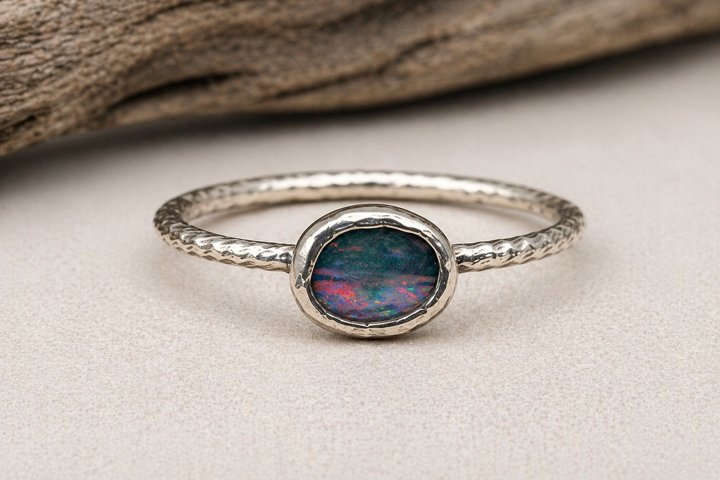 Australian Boulder Opal Ring – Solid Opal Sterling Silver Diamond Cut Band, Size 7 Handmade Opal Stacking Ring