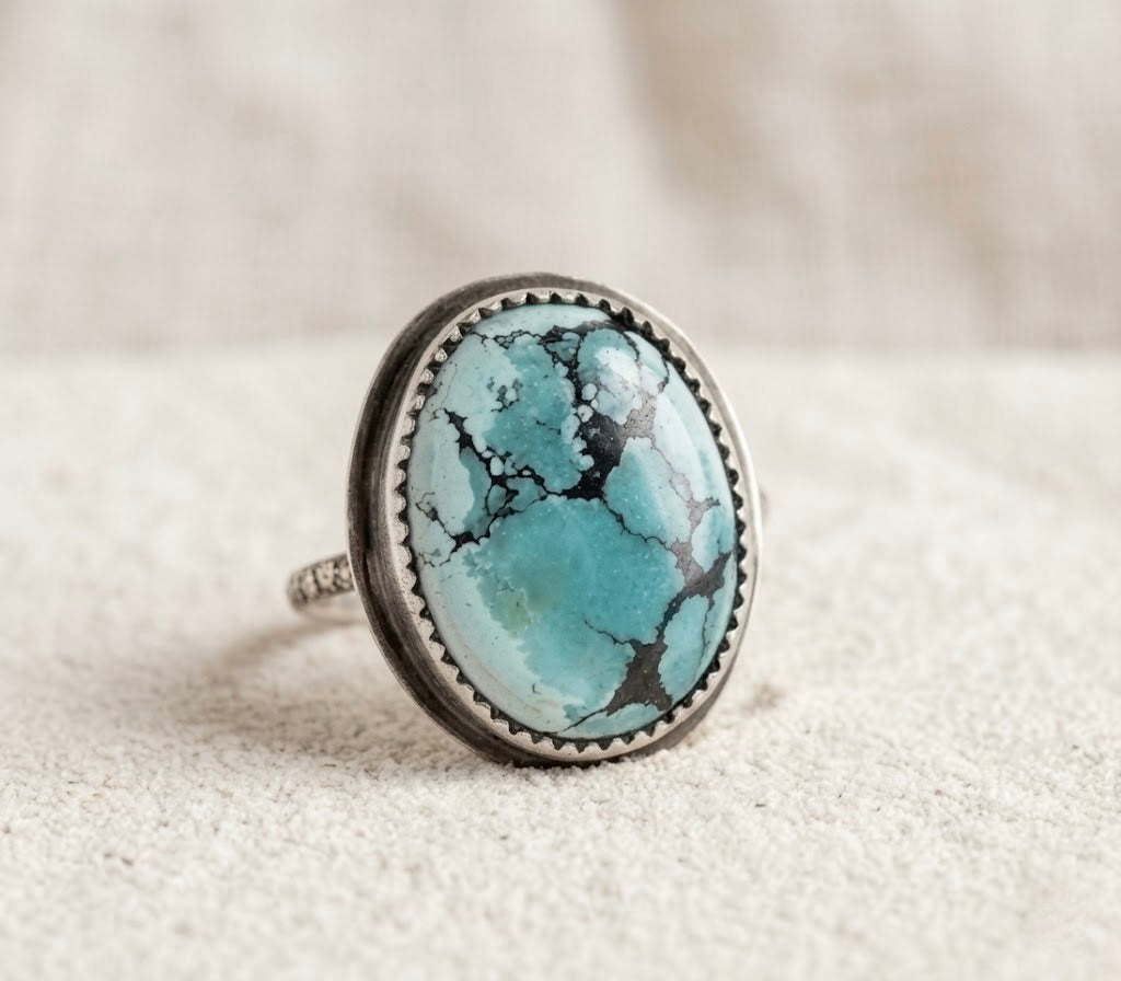 Large Hubei Turquoise Ring Sterling Silver Size 10 Handmade Statement Turquoise Ring Oval Bezel Artisan Gift for Her