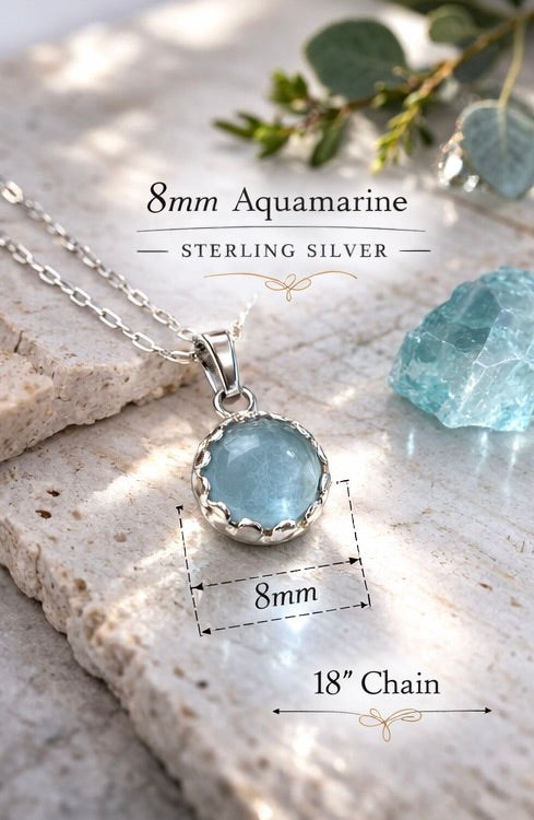 Sterling Silver Aquamarine Necklace, Natural Aquamarine Pendant, 8mm Crown Bezel, March Birthstone Necklace, Handmade Minimalist Jewelry