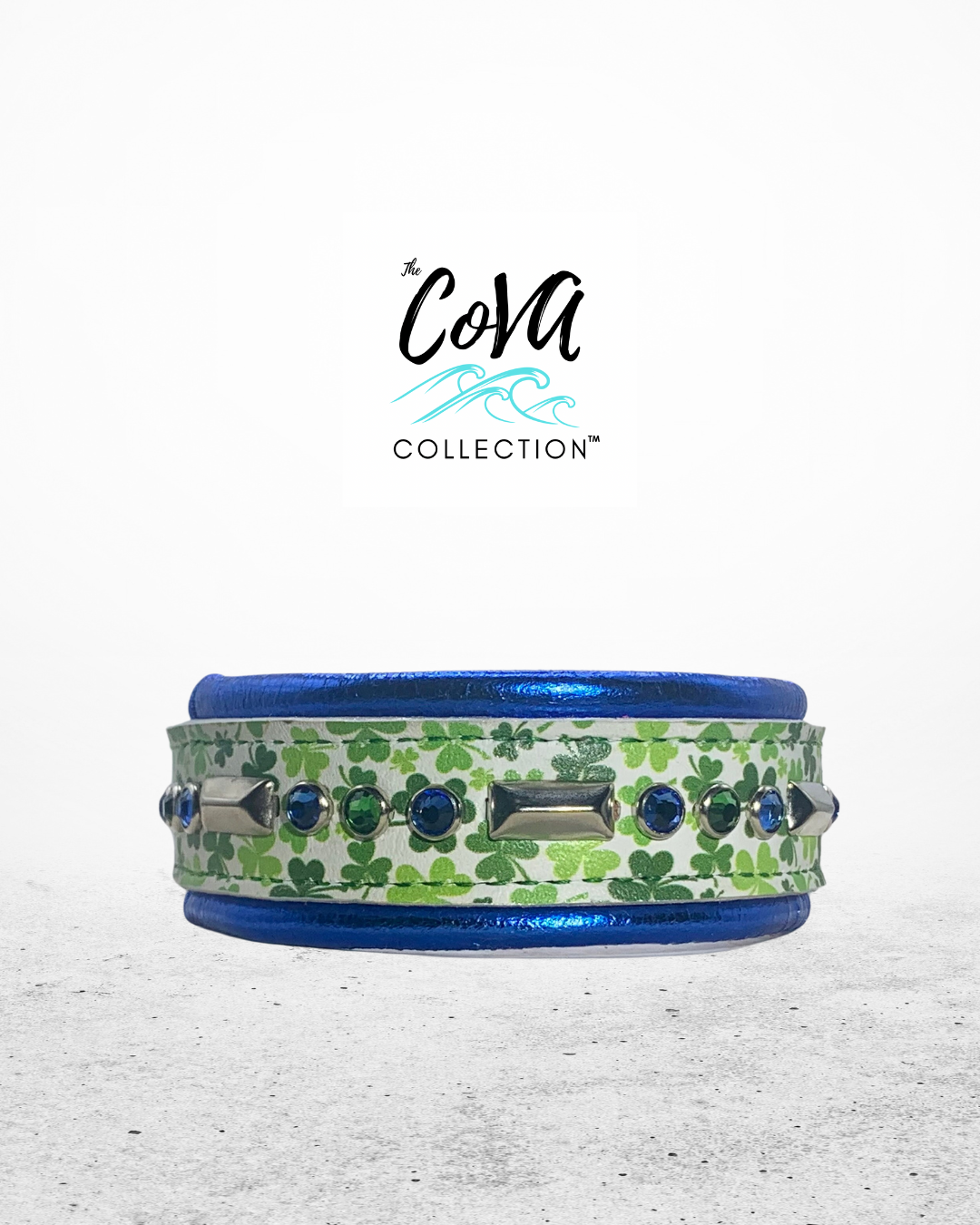READY TO SHIP! 11.75" - 13.75" Shamrock Lucky Green Blue Silver White Bling Crystals Luxury Leather Dog CoVA Collar