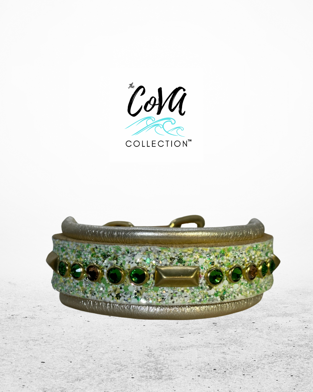 READY TO SHIP! 12.5" - 14.5" Glitter Gold Green Holiday Bling Crystals Luxury Leather Dog CoVA Collar