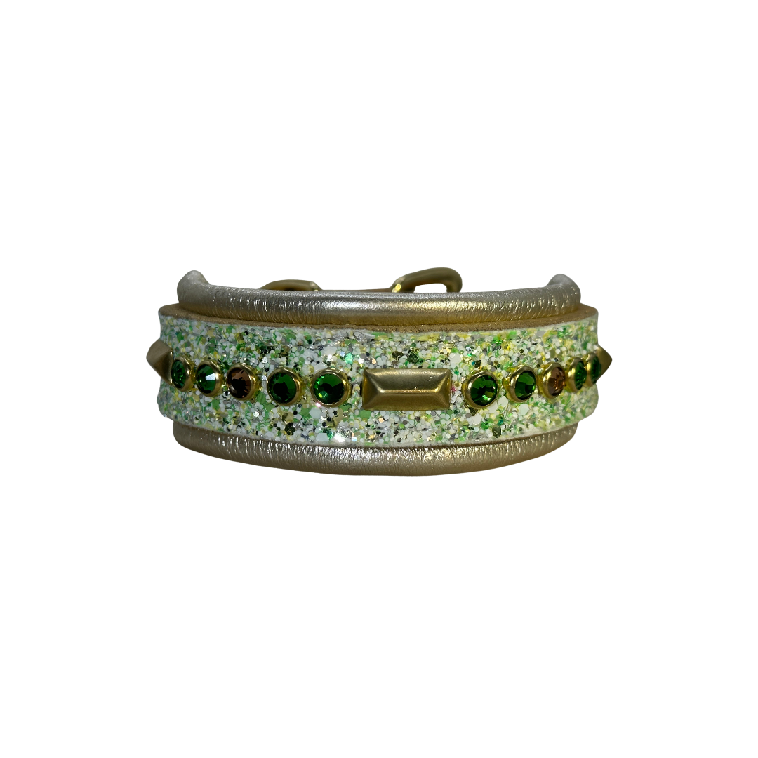 READY TO SHIP! 12.5" - 14.5" Glitter Gold Green Holiday Bling Crystals Luxury Leather Dog CoVA Collar