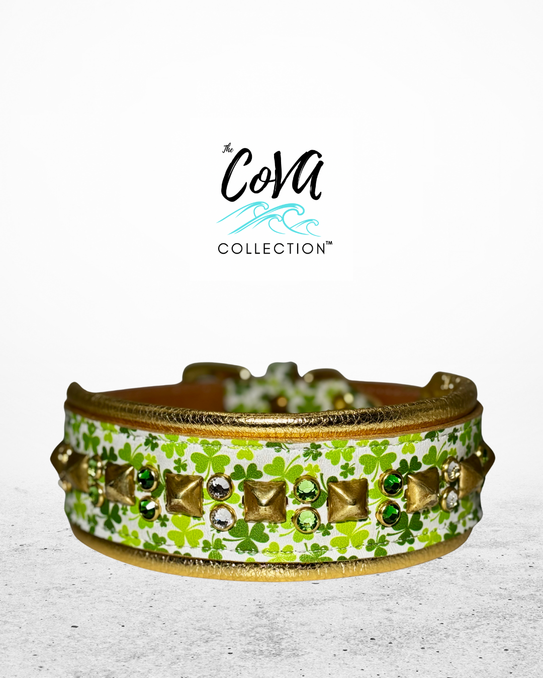 16.5-18.5"; 2" Wide Leather Shamrock St. Patrick's Patty's Day Dog Collar Bling Crystals