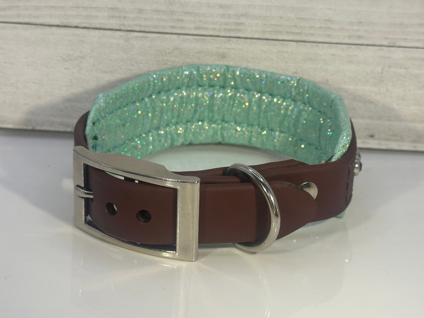 READY TO SHIP!!! 12.5" - 14.5" & 1.5" wide Mesmera Mint Red-Brown Nickel Biothane Bling Crystal Luxury Pixie Dog Cat Collar