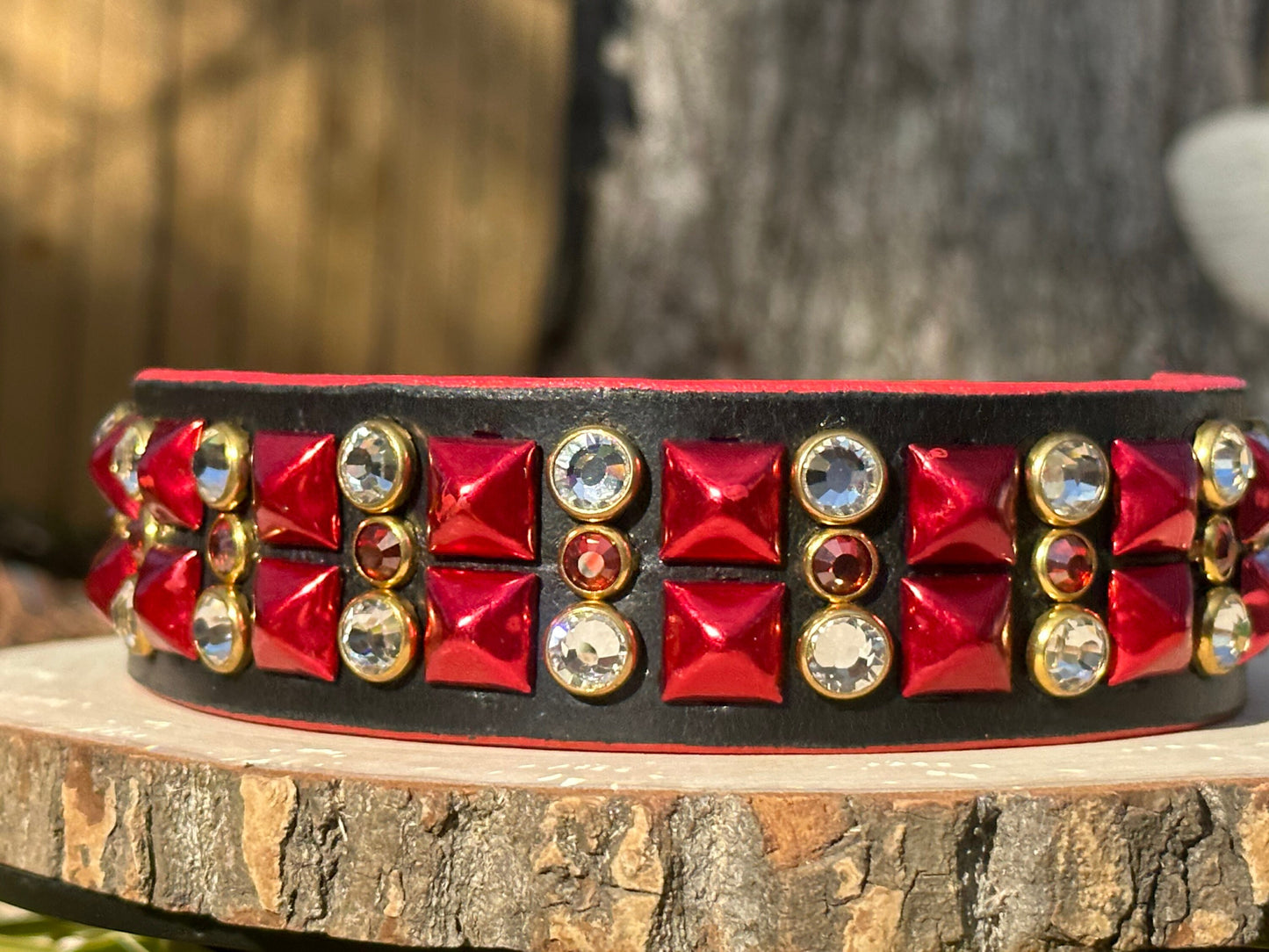 Ready2Ship!! 17"-19" 1.5" wide Bling Crystals Luxury Black Red Gold Studs Bridle Leather Dog Cat CoVA Collar