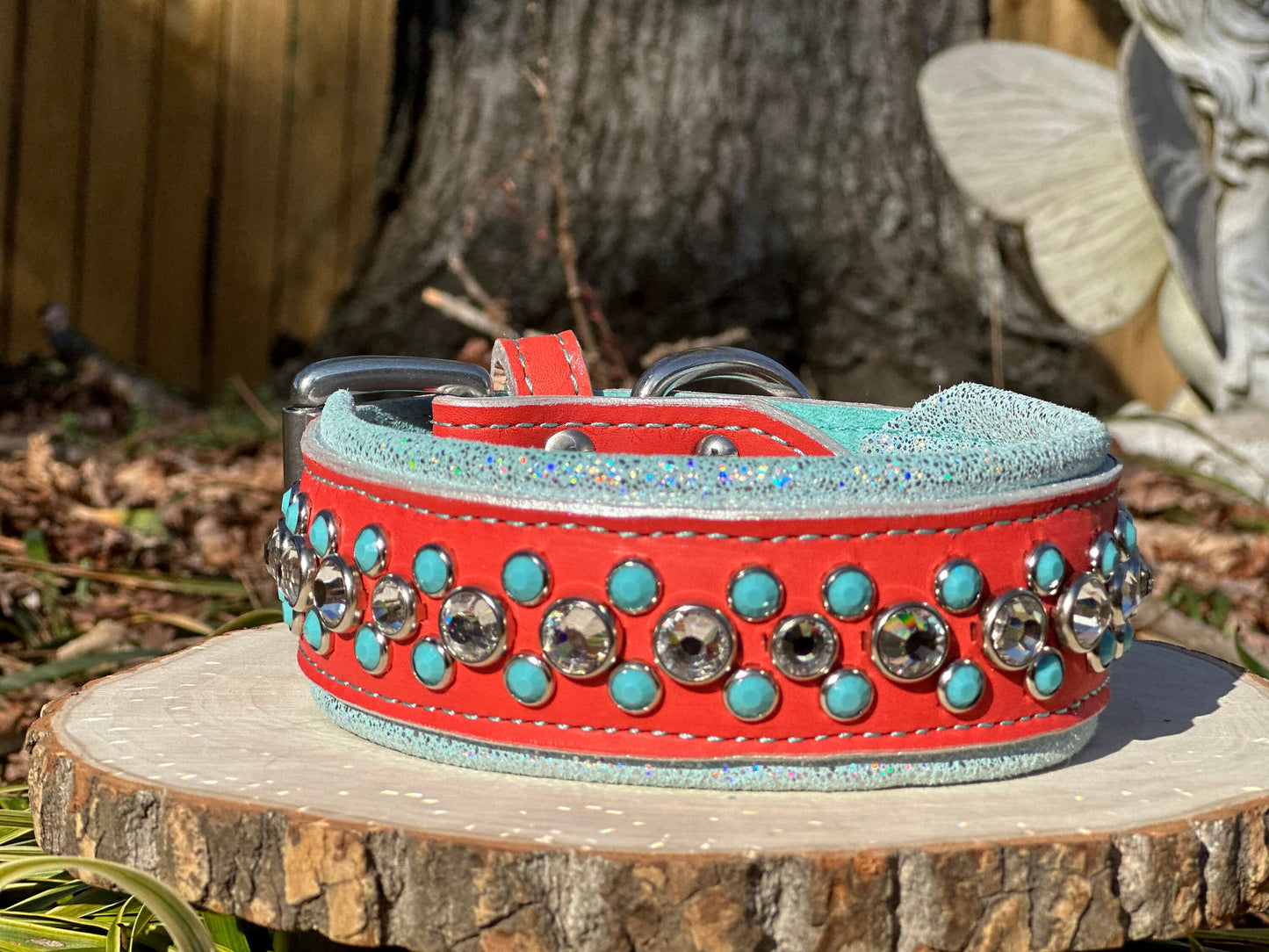 Ready2Ship!! 15.5" - 17.5" & 2" Wide Bling Crystals Luxury Coral Turquoise Leather Dog Cat CoVA Collar