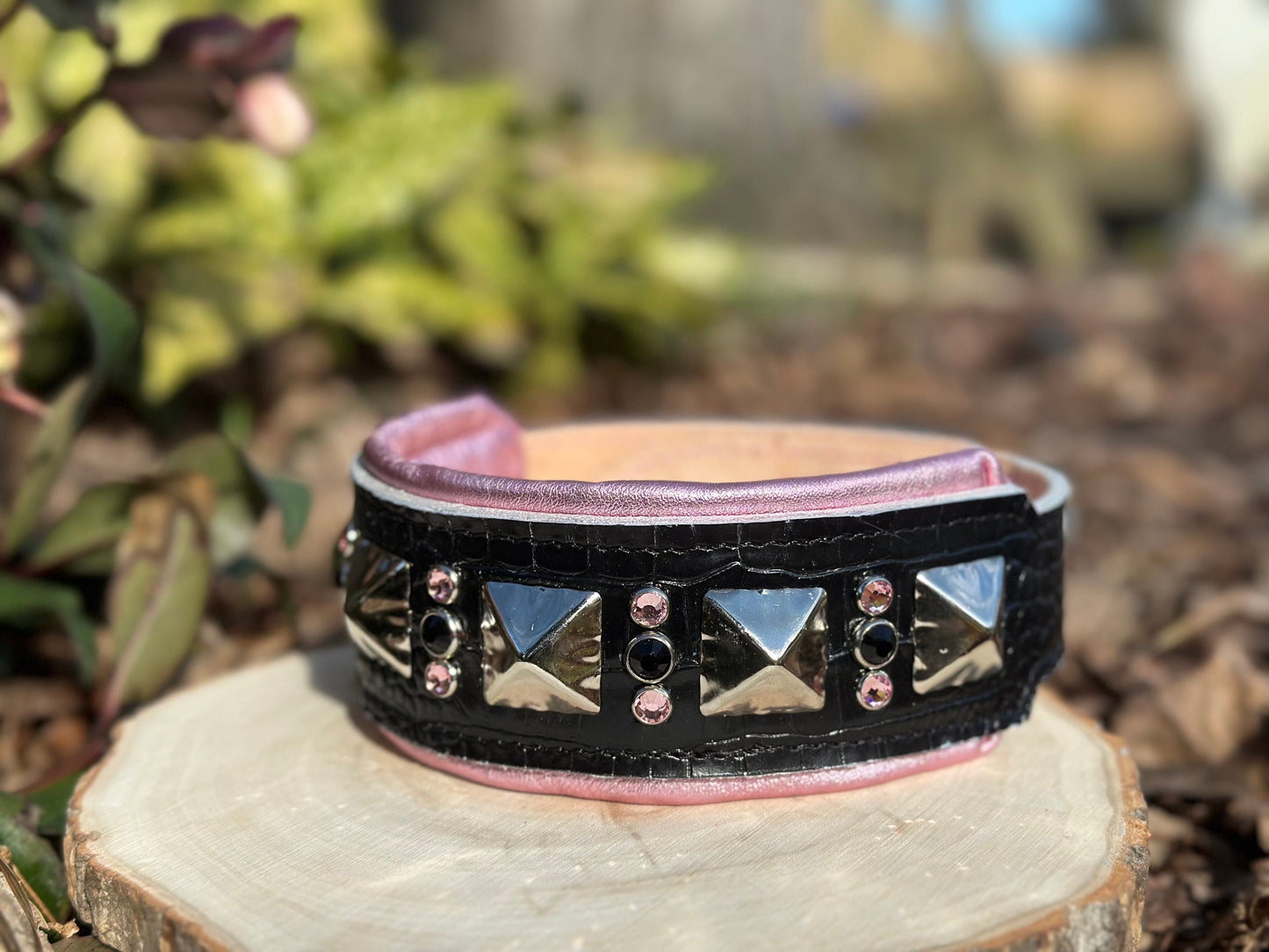 Luxury Leather Dog Collar | Premium Pink Black Silver Crystal Italian | 15"-17" & 2.5 Wide