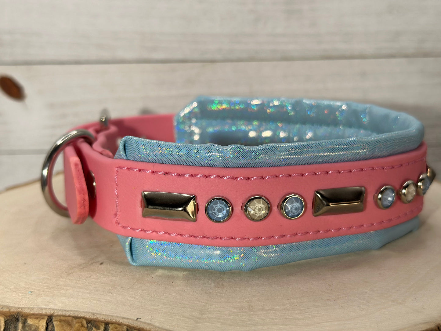 READY TO SHIP!!! 14.75" - 16.75" & 1.5" W Discontinued Pastel Bubblegum Pink Blue Biothane Glowing Crystal Luxury Dog Cat CoVA Collar