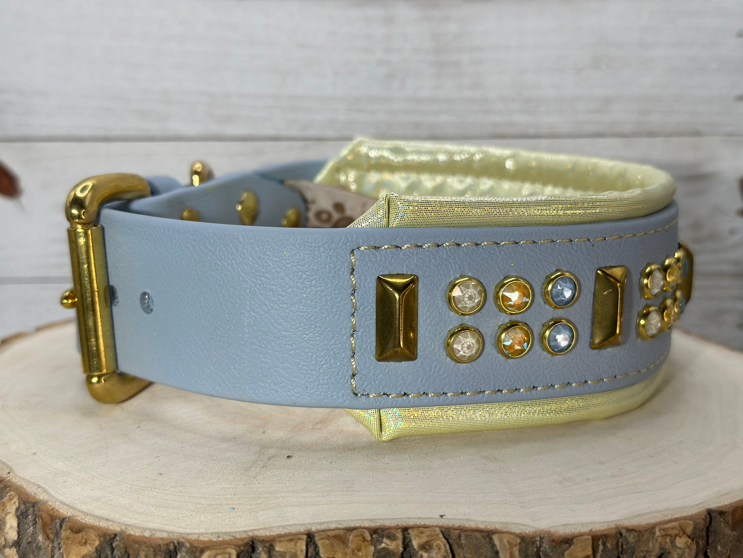 READY TO SHIP! 16" - 18" & 2" W Pastel Blue Yellow Gold Crystals Luxury Biothane Vegan Leather Dog Cat CoVA Collar
