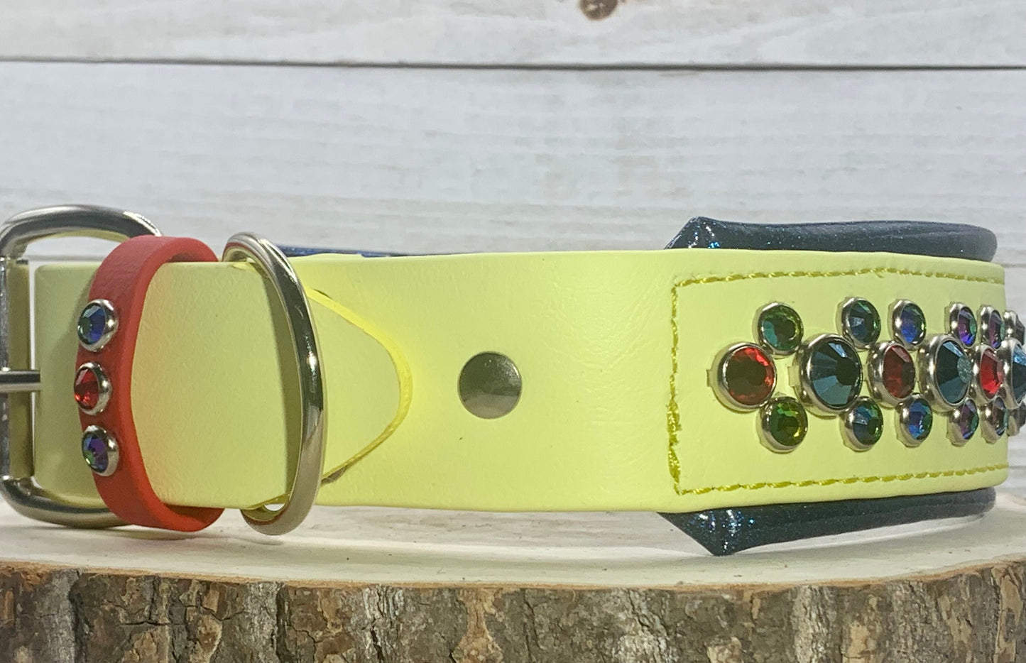 New Color Release - Pastel Yellow READY TO SHIP! 17" - 19" & 1.5 W" Vitrail Medium Red Vegan Leather Biothane Crystal Luxury Dog Cat Collar