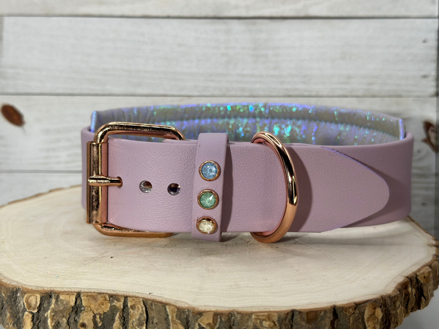 READY TO SHIP! 17" - 19" & 2" W Lavender Purple Green Rose Gold Crystals Luxury Biothane Vegan Leather Dog Cat CoVA Collar