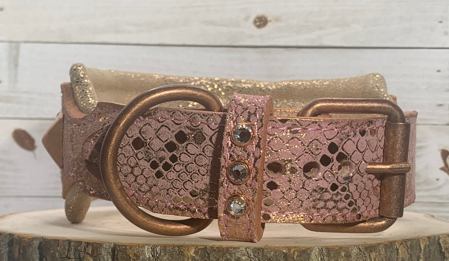 READY 2 SHIP!!! 18.5"-20.5" & 2.5" Wide Luxury Rose Gold Snake Dog Cat Leather Pink Copper Crystal CoVA Collar