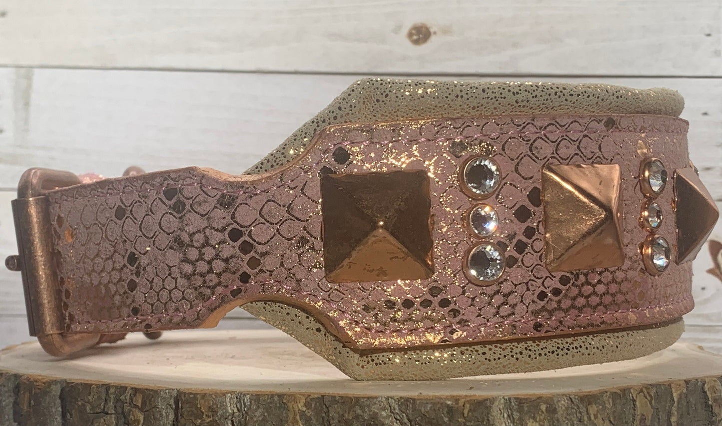 READY 2 SHIP!!! 18.5"-20.5" & 2.5" Wide Luxury Rose Gold Snake Dog Cat Leather Pink Copper Crystal CoVA Collar