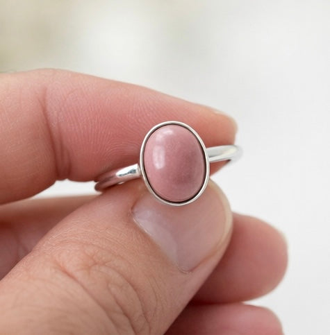 Australian Pink Opal Ring – Handcrafted Sterling Silver – Natural Pink Opal Oval Cabochon – Size 6.25 Minimalist Gemstone Ring
