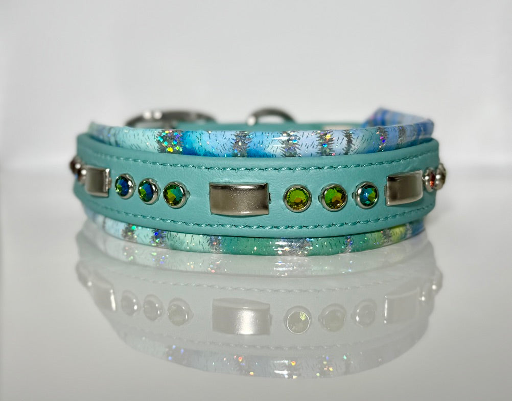 16-18" 1.5" Wide Luxury Biothane Waterproof Turquoise Blue Watercolor Dog Collar