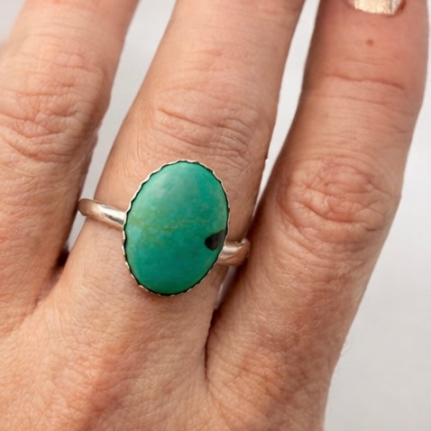 Hubei Turquoise Ring Sterling Silver Handmade Size 8 Oval Bezel Blue Green Turquoise Ring Artisan Southwestern Gift for Her