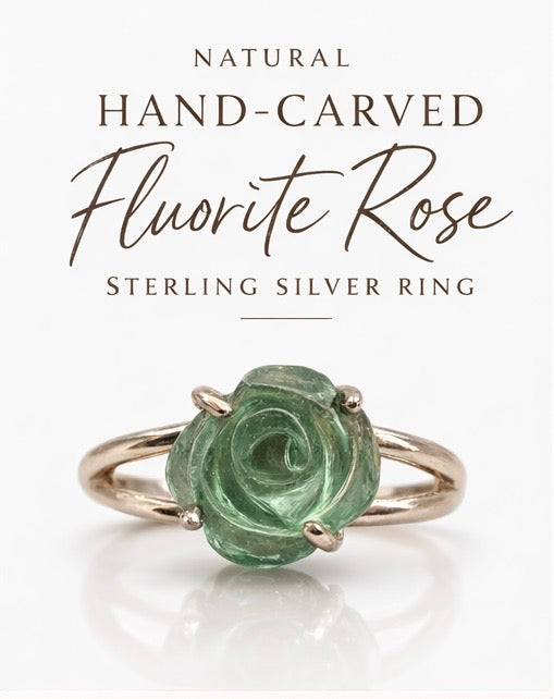Fluorite Rose Ring Sterling Silver, Hand Carved Stone Ring, Purple Green Fluorite Ring, Statement Ring Size 9, Artisan Floral Jewelry