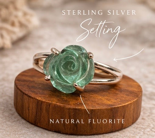 Fluorite Rose Ring Sterling Silver, Hand Carved Stone Ring, Purple Green Fluorite Ring, Statement Ring Size 9, Artisan Floral Jewelry