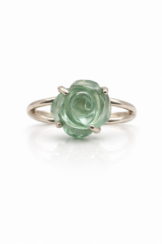 Fluorite Rose Ring Sterling Silver, Hand Carved Stone Ring, Purple Green Fluorite Ring, Statement Ring Size 9, Artisan Floral Jewelry