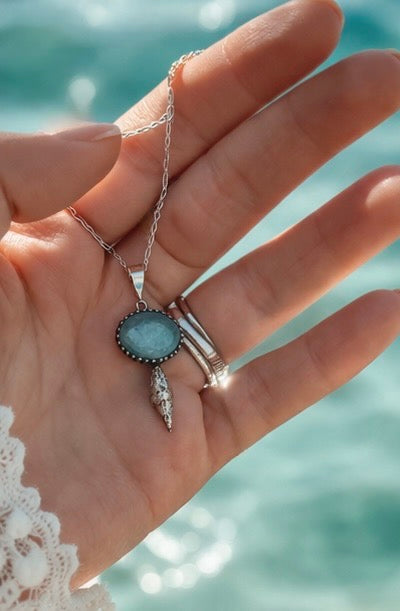 Natural Aquamarine Pendant Necklace in Sterling Silver with Shell Accent – 16"