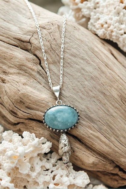 Natural Aquamarine Pendant Necklace in Sterling Silver with Shell Accent – 16"