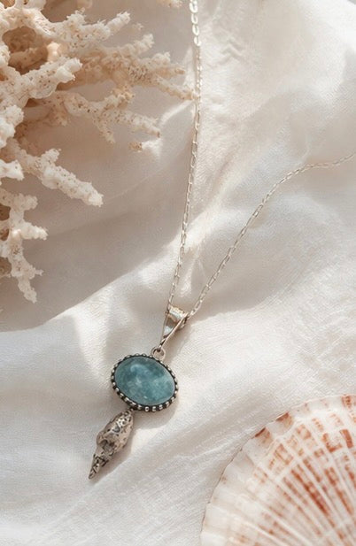 Natural Aquamarine Pendant Necklace in Sterling Silver with Shell Accent – 16"